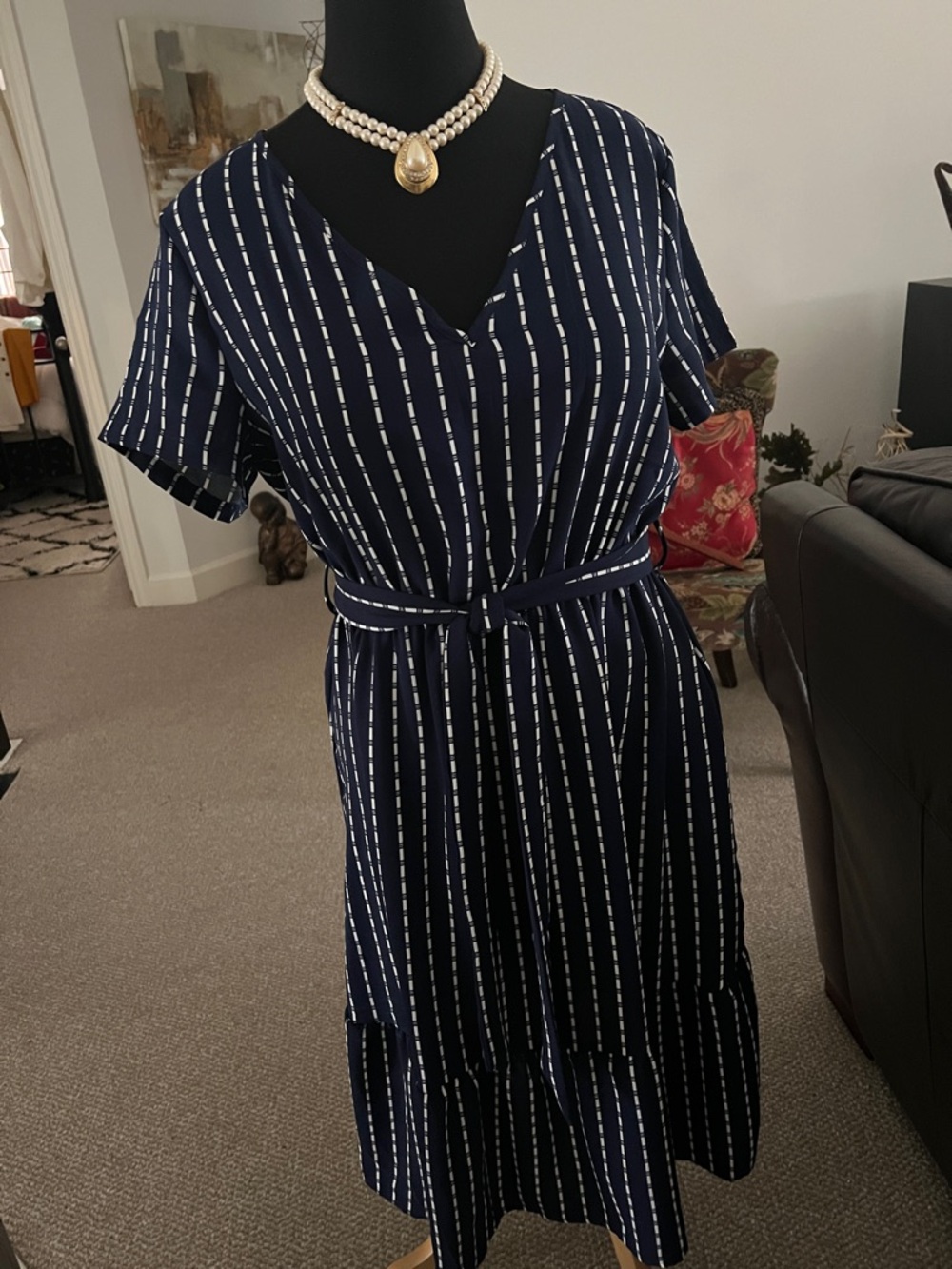 Navy Stripe V-Neck Belted Dress by Sucrefas.